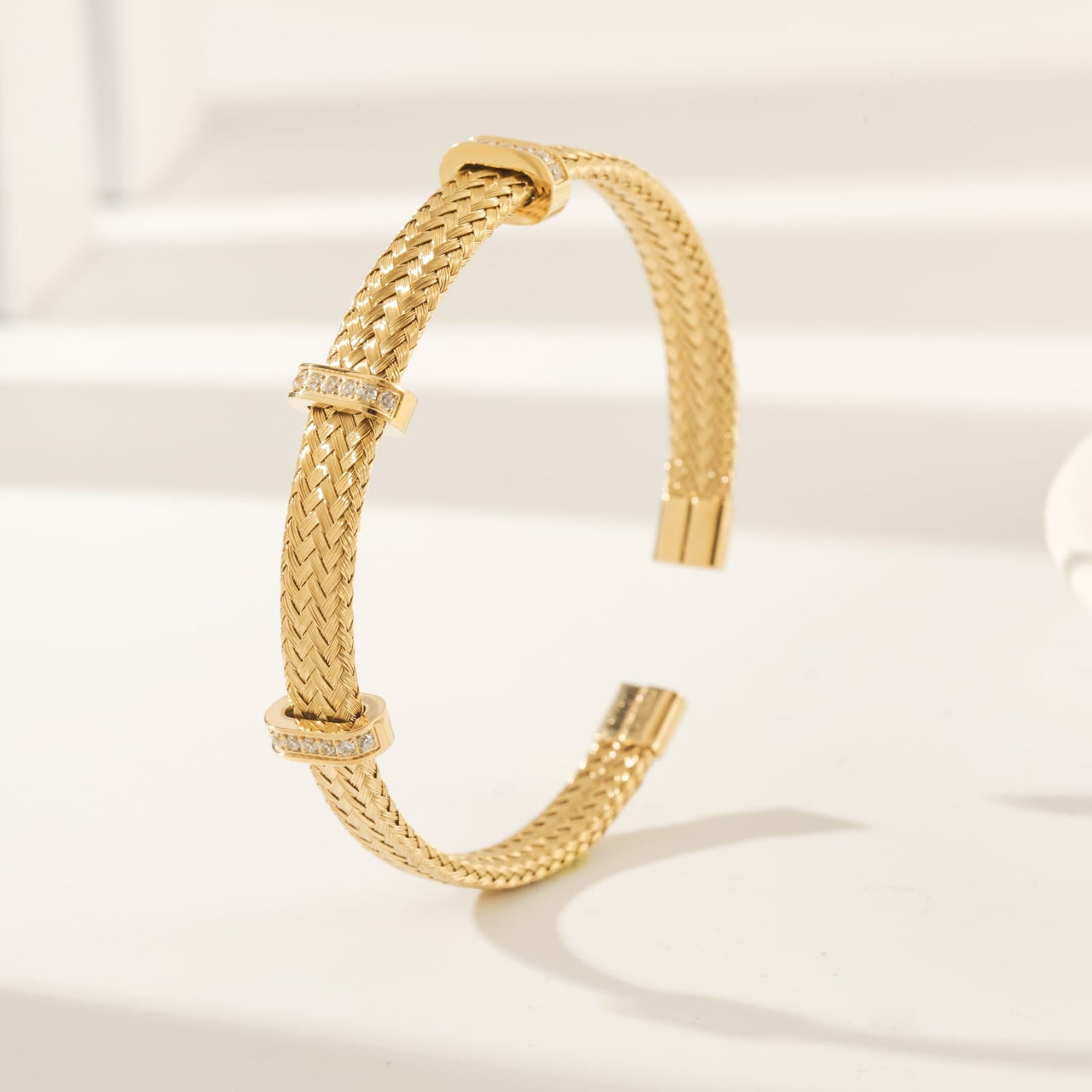 Bangle Cuff Gold Ribbed Zirconia